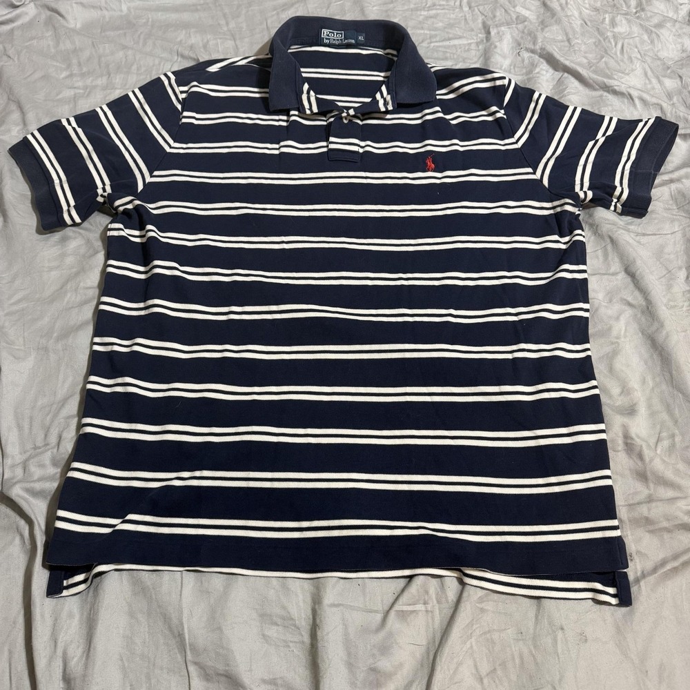 Polo By Ralph Lauren Polo Shirt Mens XL Blue White Striped Short Sleeve Logo